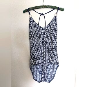 Speedo one piece swim suit, blue and white metal ring halter top, size 16